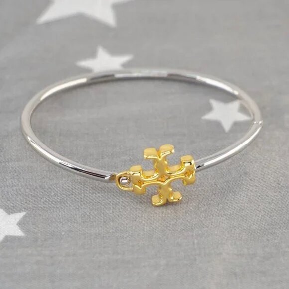 Tory Burch Eleanor Hinged Cuff Bracelet in Gold / Silver. - Picture 3 of 6